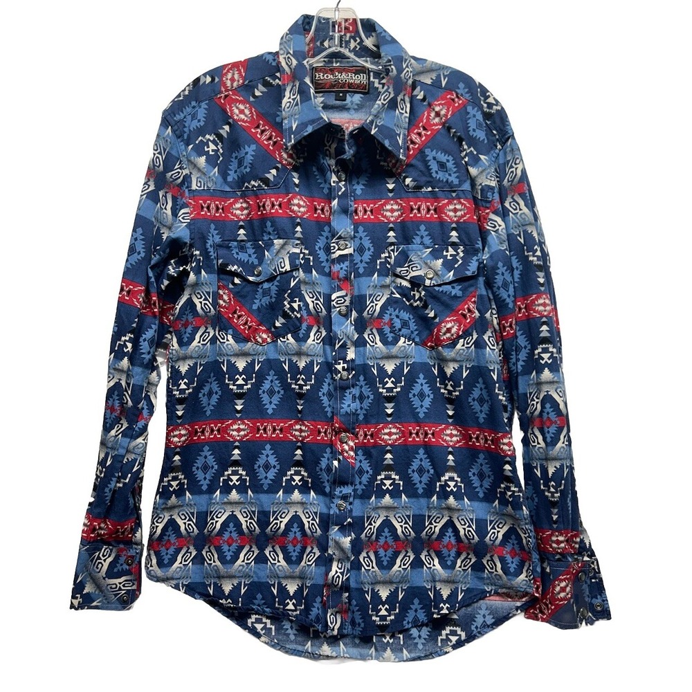 Rock & Roll Cowboy Mens Size M Blue Aztec Print Long Sleeve Pearl Snap Shirt